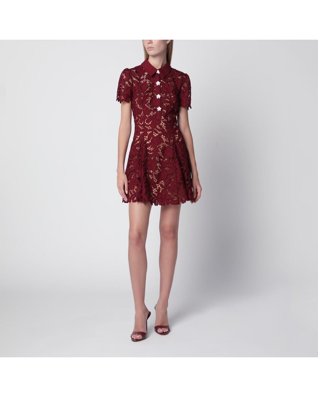 Self-Portrait Red Lace Mini Dress With Floral Buttons