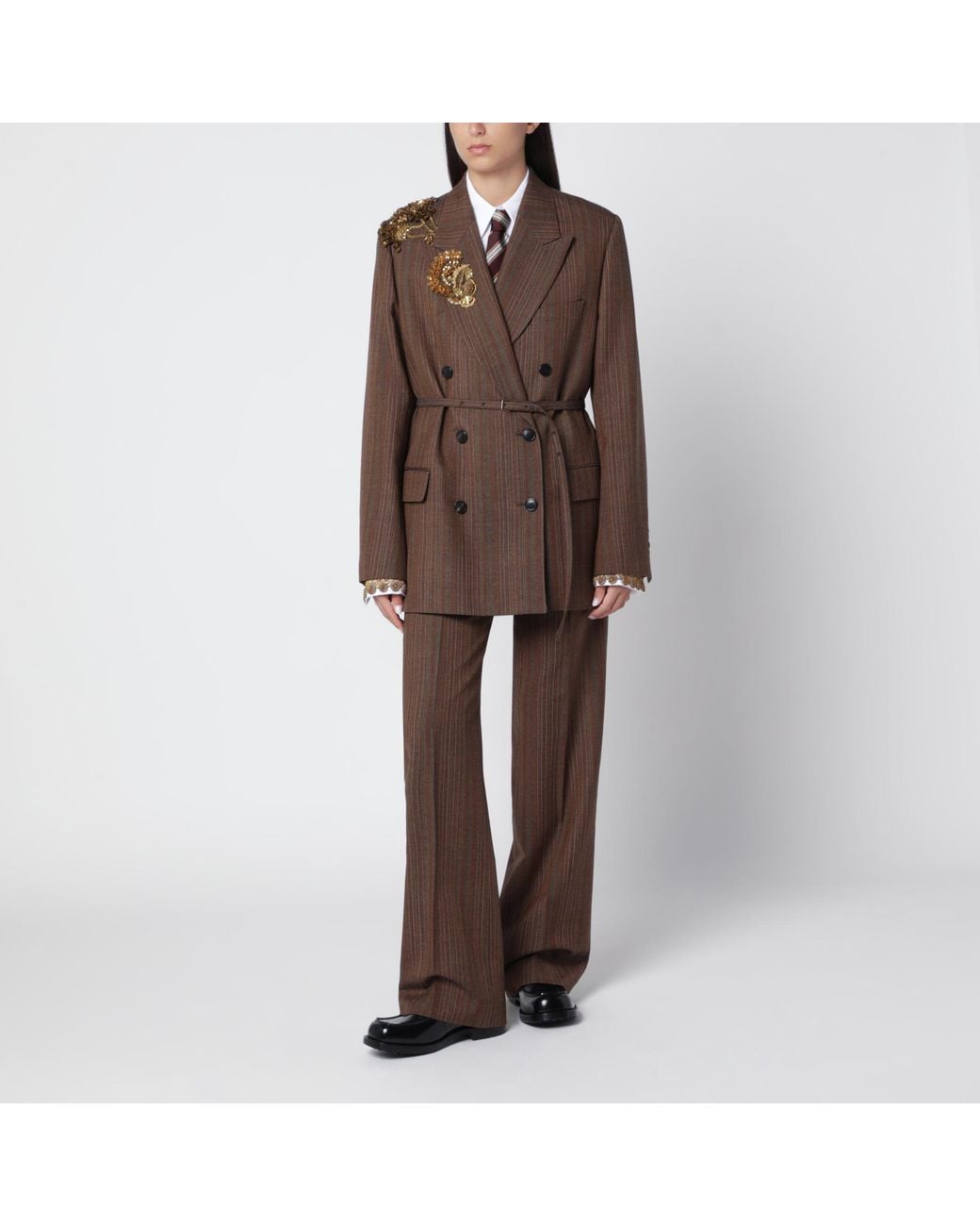Dries Van Noten Brown Pinstripe Jacket With Sequin Embroidery