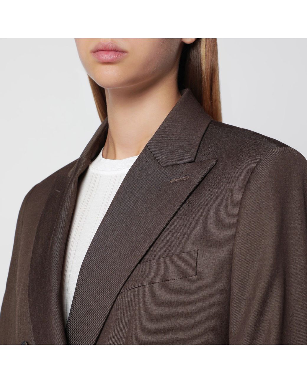 Max Mara Brown Leather Double-Breasted Wool Jacket