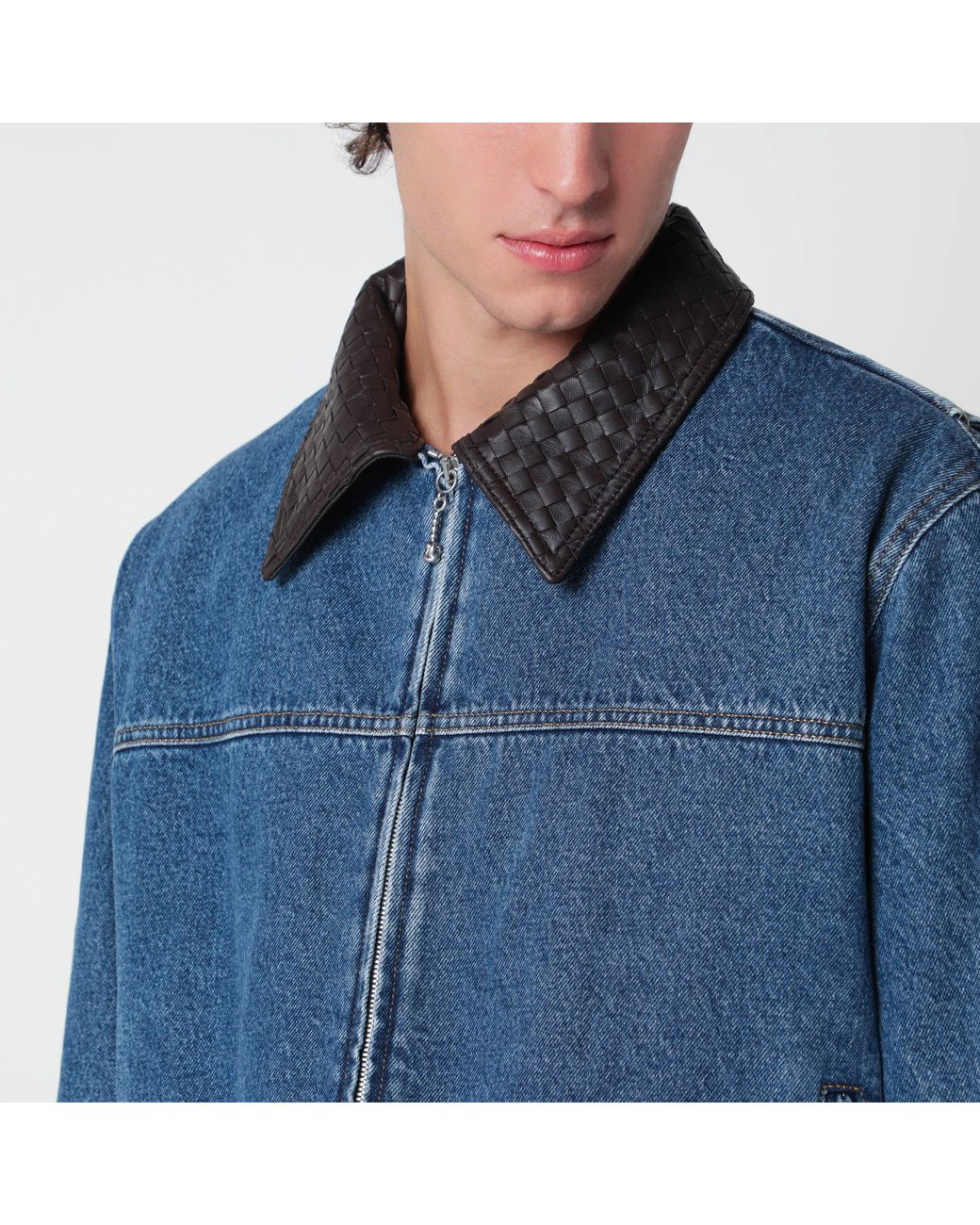 Bottega Veneta Blue Denim Jacket With Intrecciato Collar for men