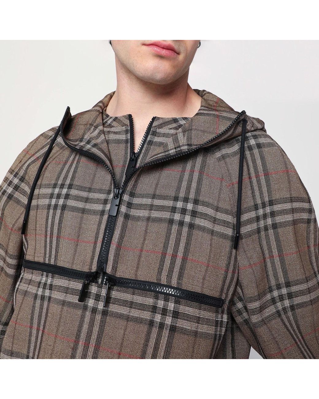 Burberry Brown Half-zip Jacket With Check Pattern In Silk Blend for men