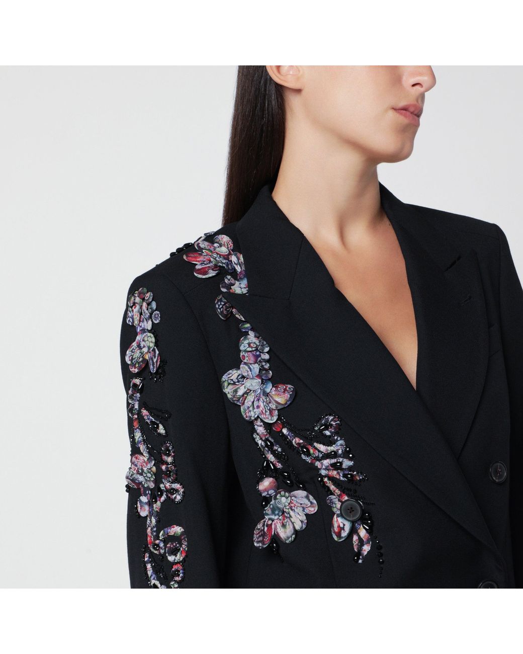 Dries Van Noten Black Double-Breasted Jacket With Floral Sequinned Appliqués