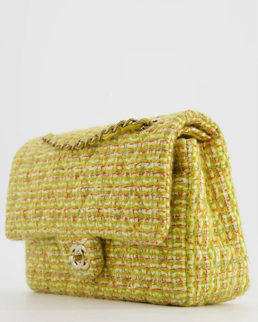 Chanel Yellow Tweed Medium Classic Double Flap Bag With Champagne