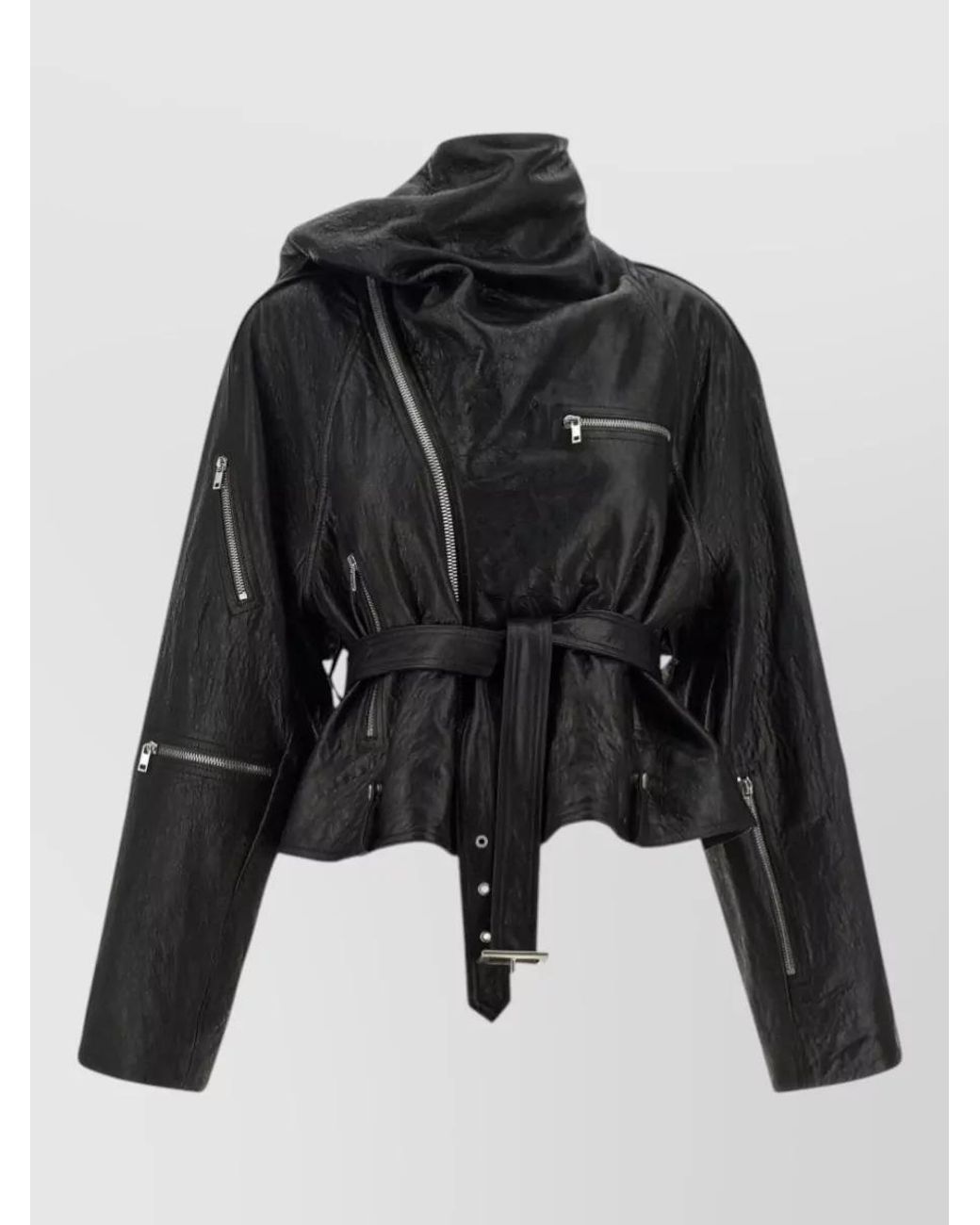 Rick Owens Black Leather Cropped Asymmetric Belted Jacket