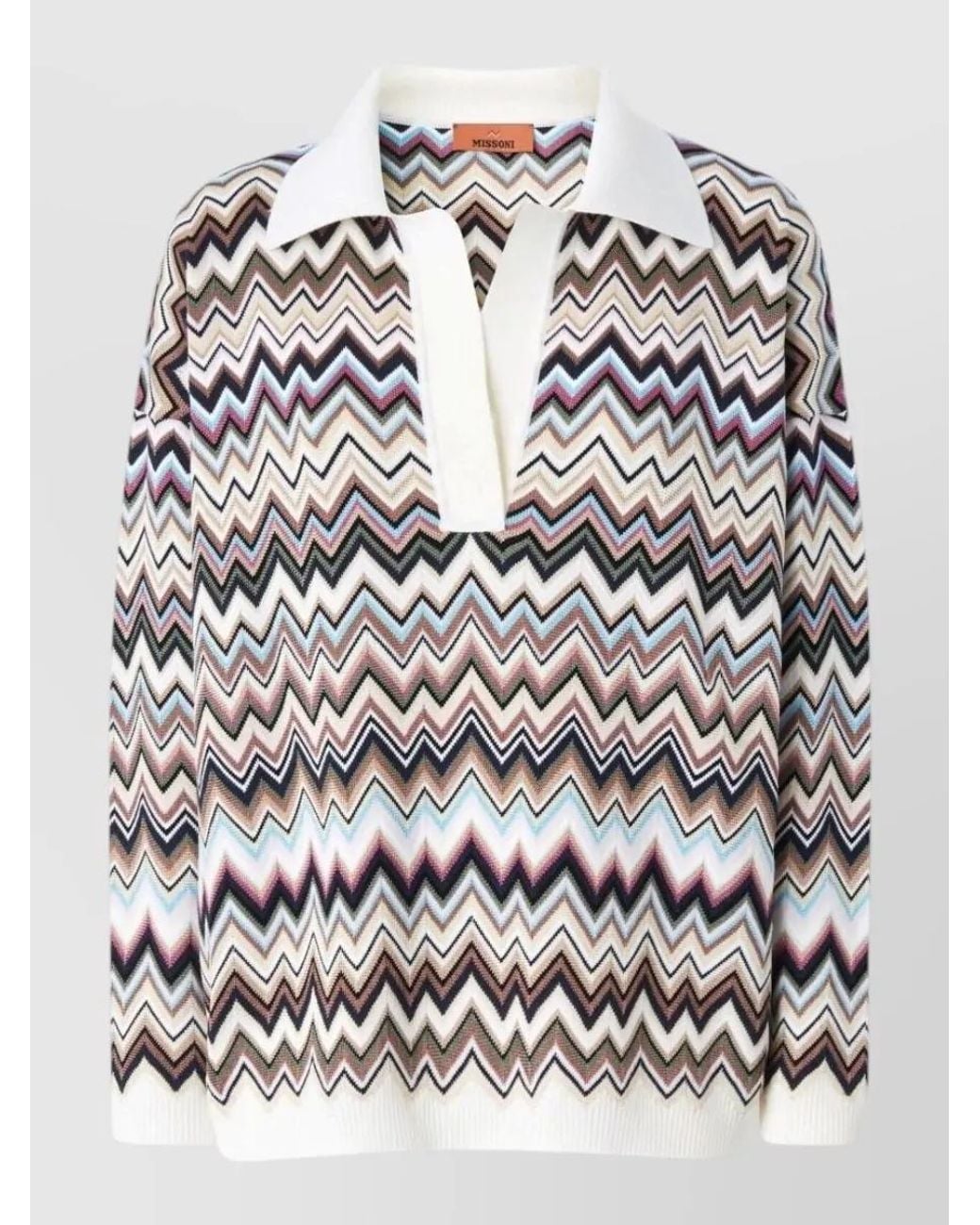 Missoni White Zigzag Knit Oversized V-Neck Long-Sleeve Polo Jumper