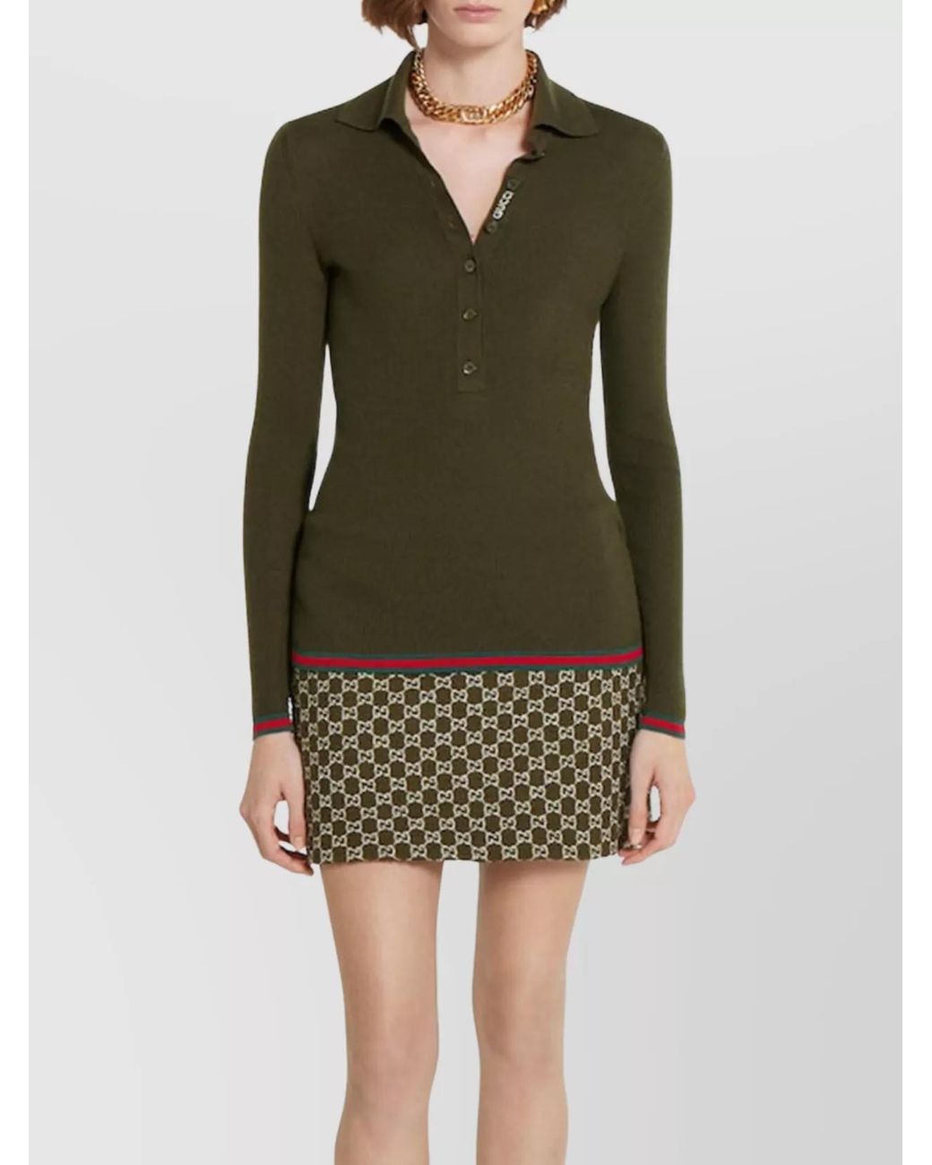 Gucci Green Cashmere Silk Ribbed Long-Sleeve Polo Top