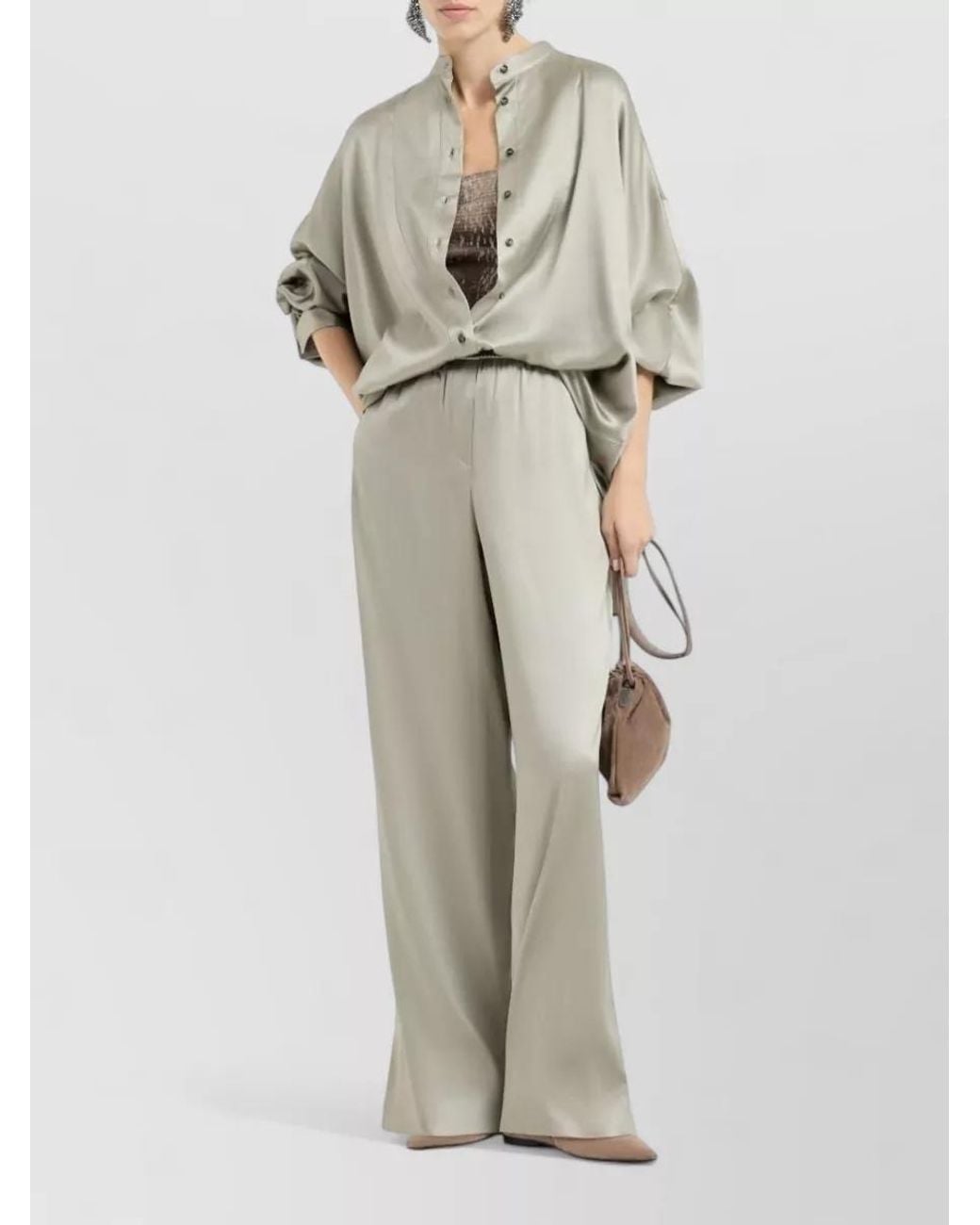 Brunello Cucinelli White Silk Satin Wide-Leg Trousers