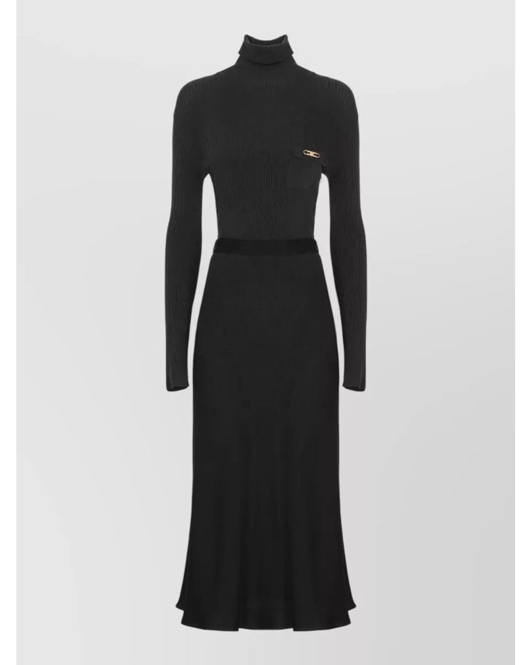 Elisabetta Franchi Black Silk Turtleneck Long-Sleeve Knee-Length Dress