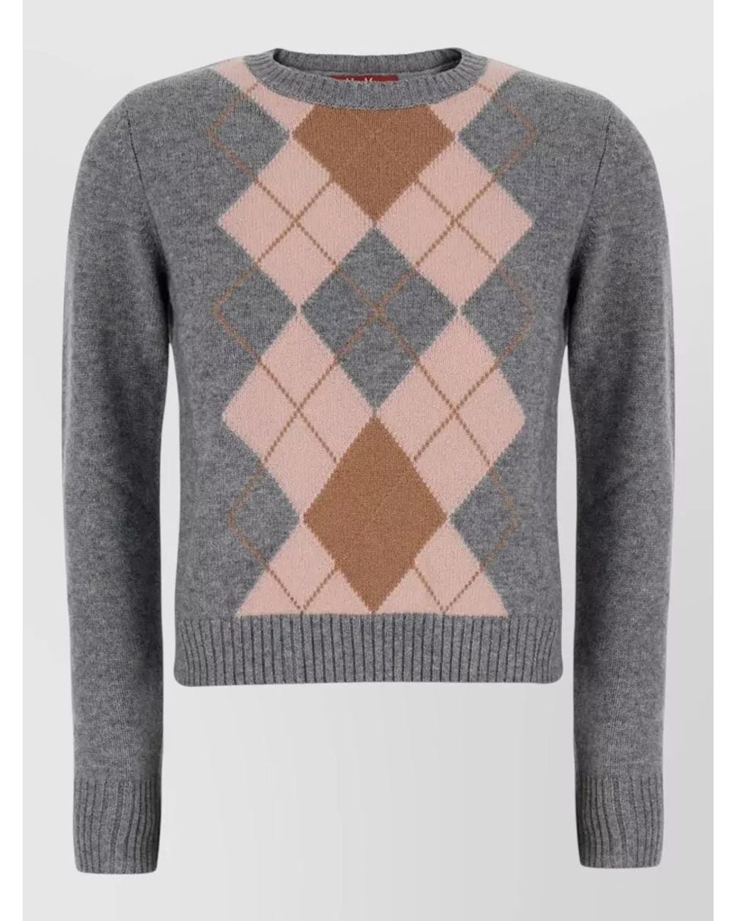 Max Mara Gray Wool Cashmere Argyle Crewneck Jumper