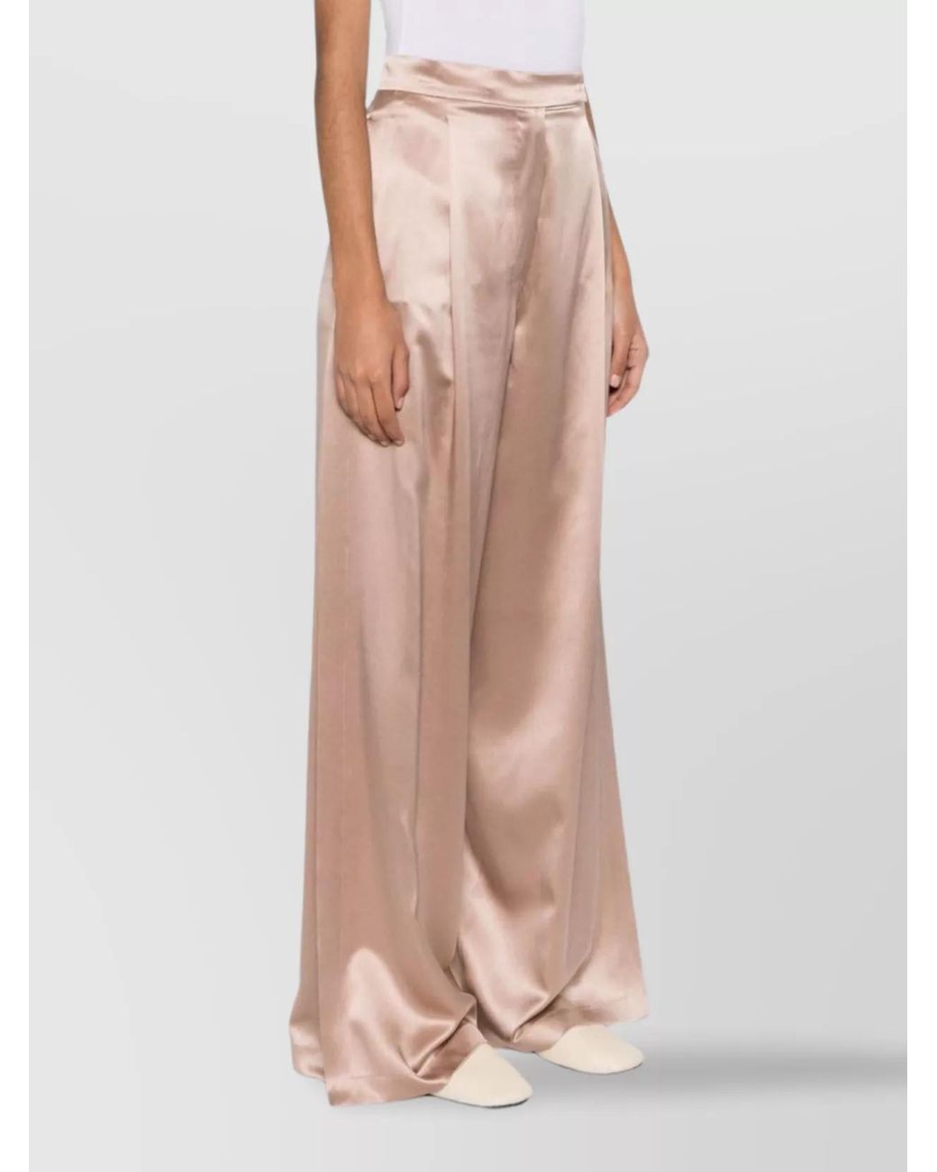 Max Mara Pink Silk Satin Pleated Wide-Leg Trousers