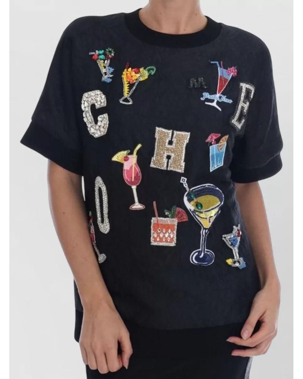 Dolce & Gabbana Blue Silk Crystal-Embellished Short-Sleeve Sweater
