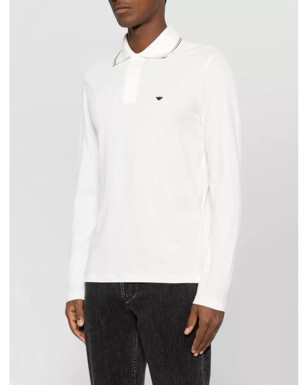 Emporio Armani White Cotton Long-Sleeve Polo Shirt for men