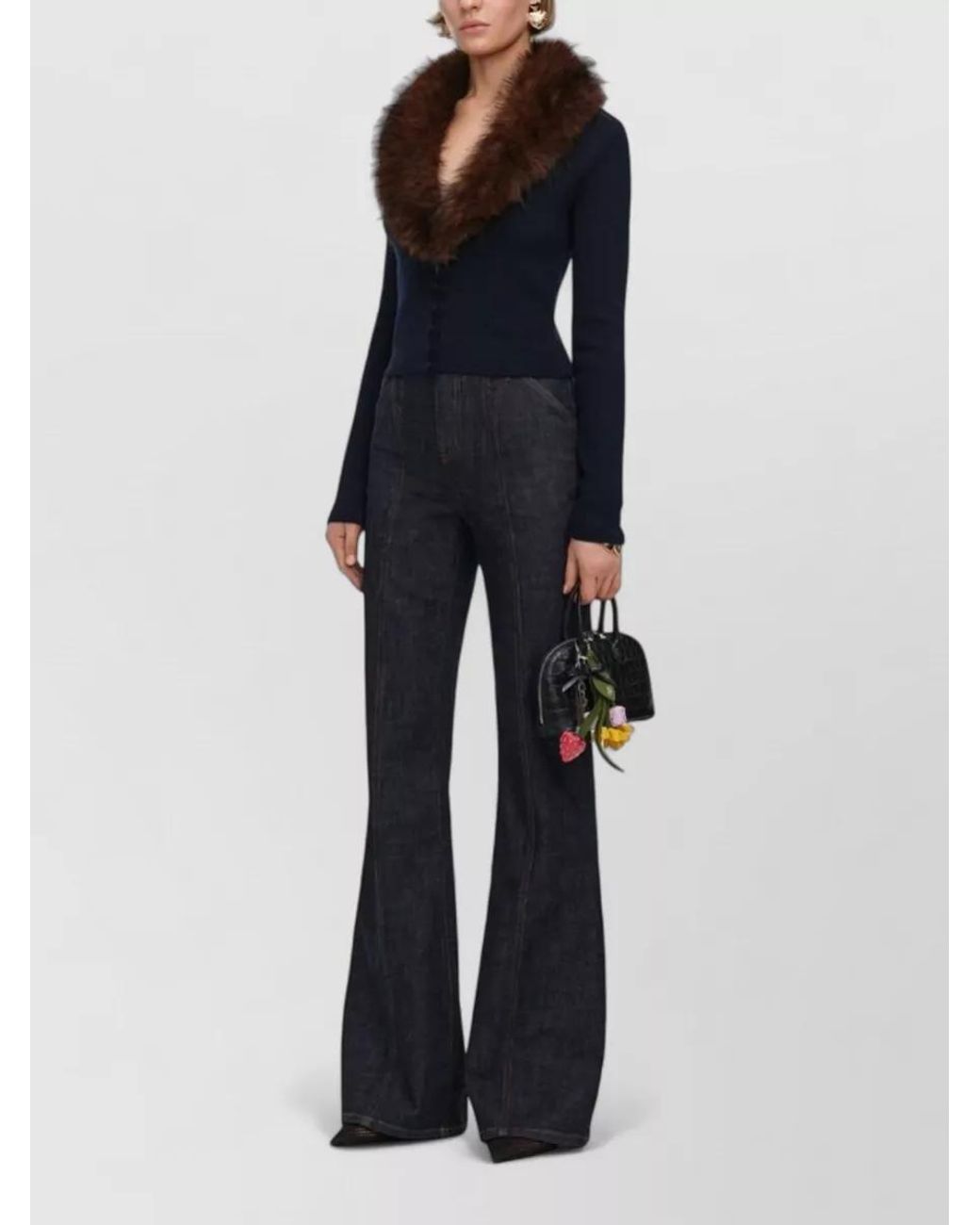 Self-Portrait Blue Wool Blend Faux Fur Trim Cropped Cardigan