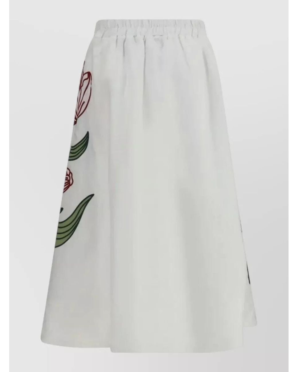Farm Rio Gray Linen Floral Embroidered Midi A-Line Skirt