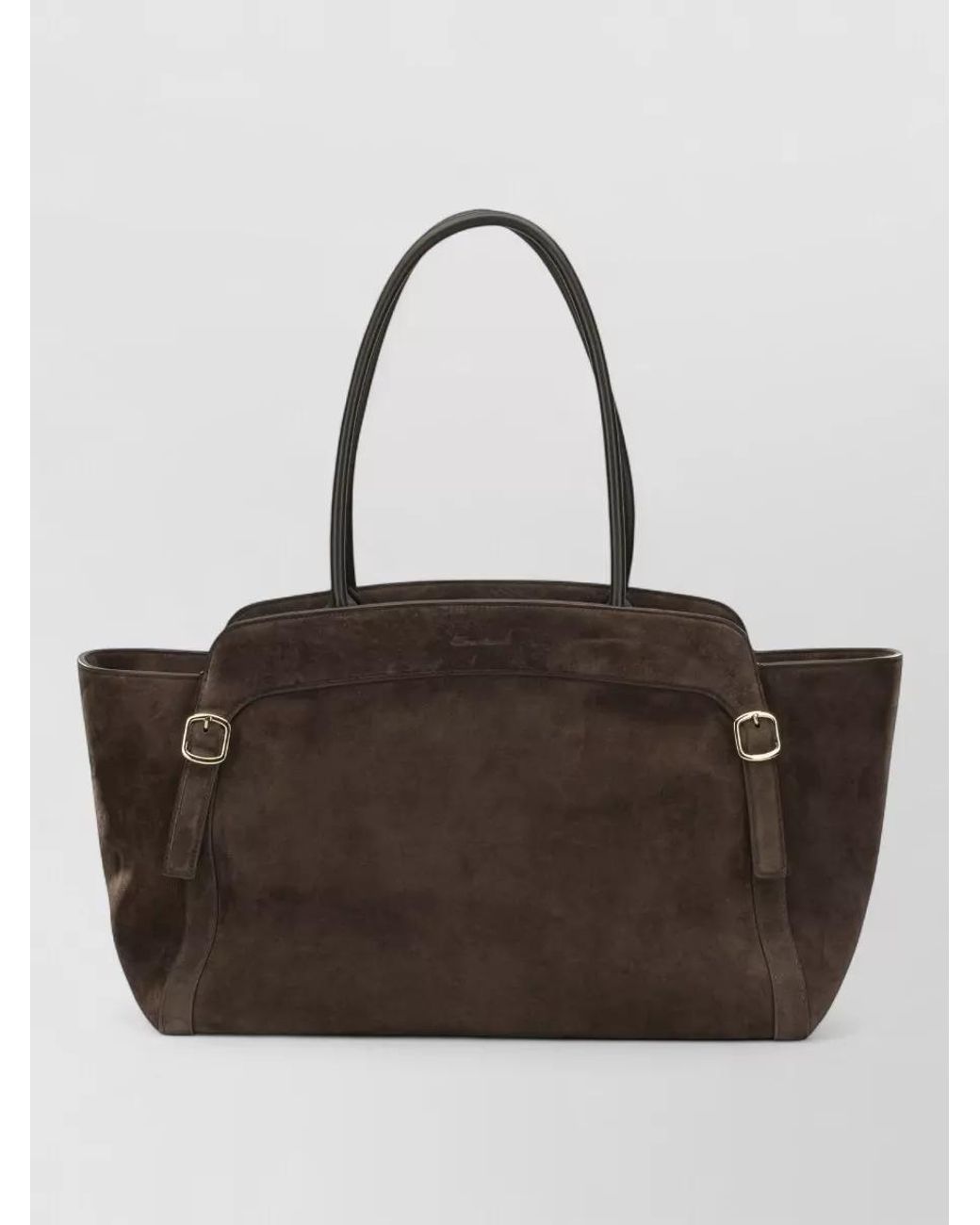 Santoni Brown Suede Leather Double Buckle Medium Tote Bag for men