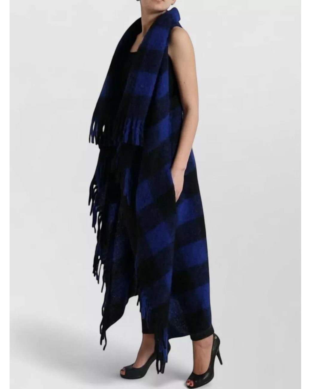 Dolce & Gabbana Blue Checked Fringe Cape