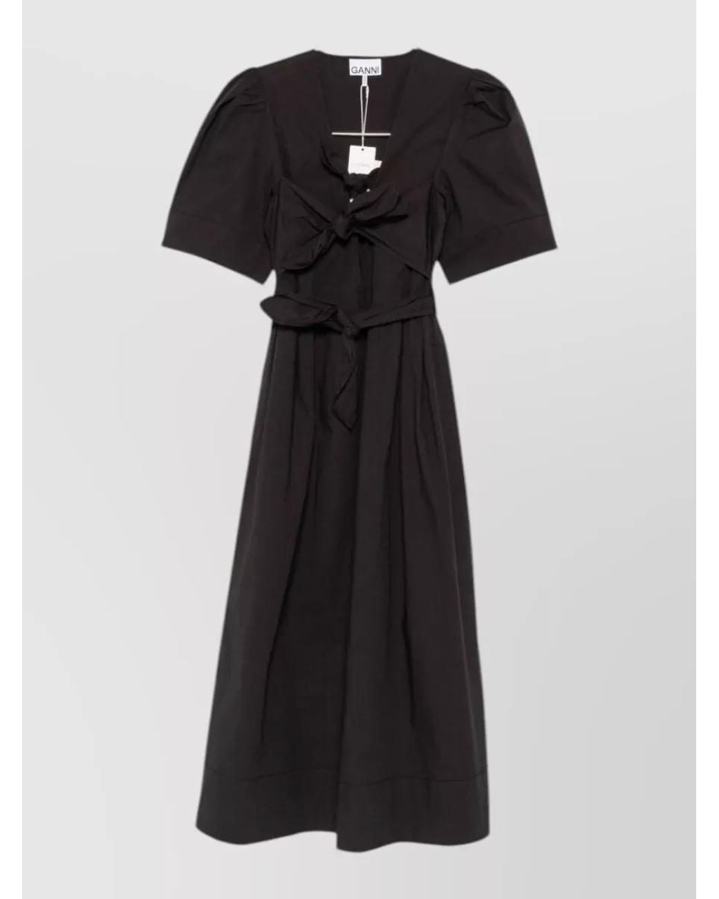 Ganni Black Organic Cotton Puff-Sleeve Midi Dress