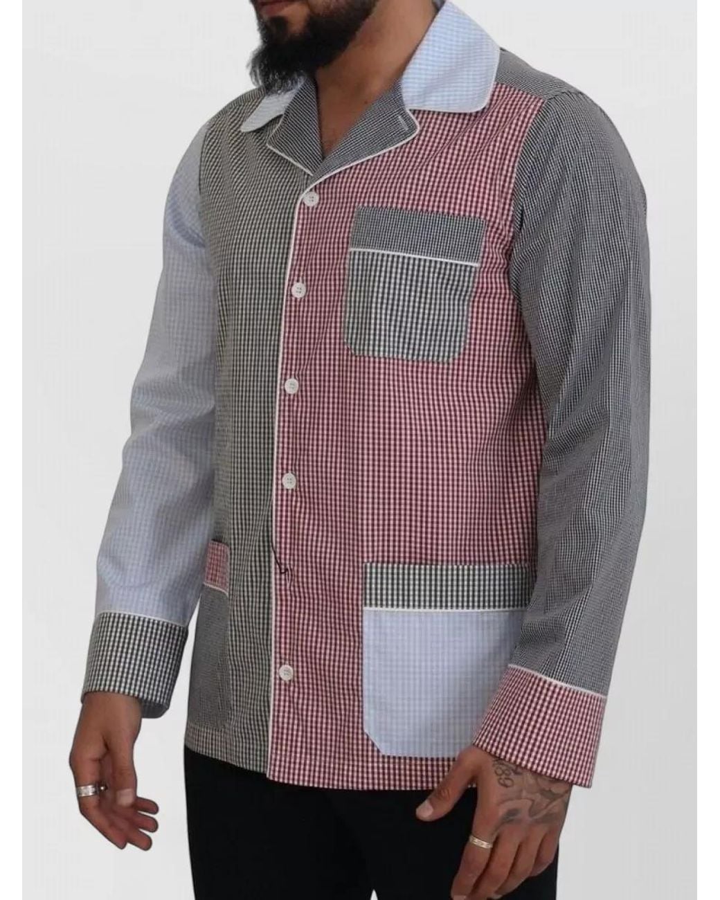 Dolce & Gabbana Gray Cotton Patchwork Checked Long-Sleeve Shirt for men