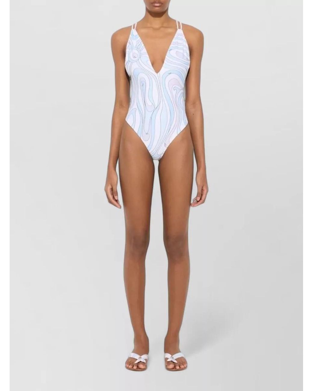 Emilio Pucci Blue Printed Deep V-Neck Swimsuit