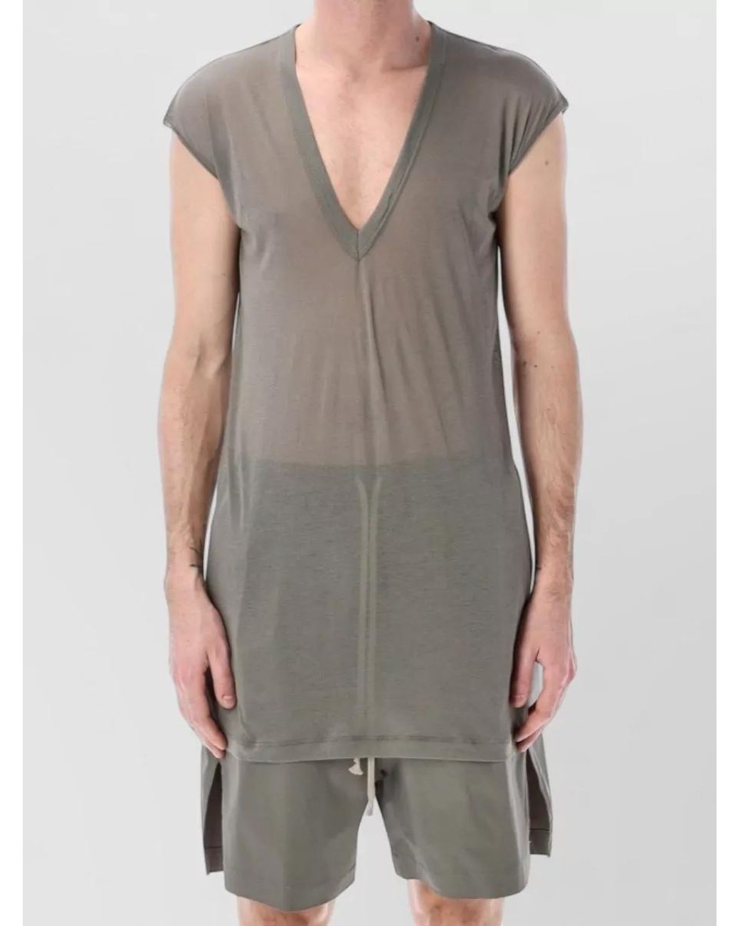Rick Owens Gray Cotton Deep V Sleeveless T-Shirt for men