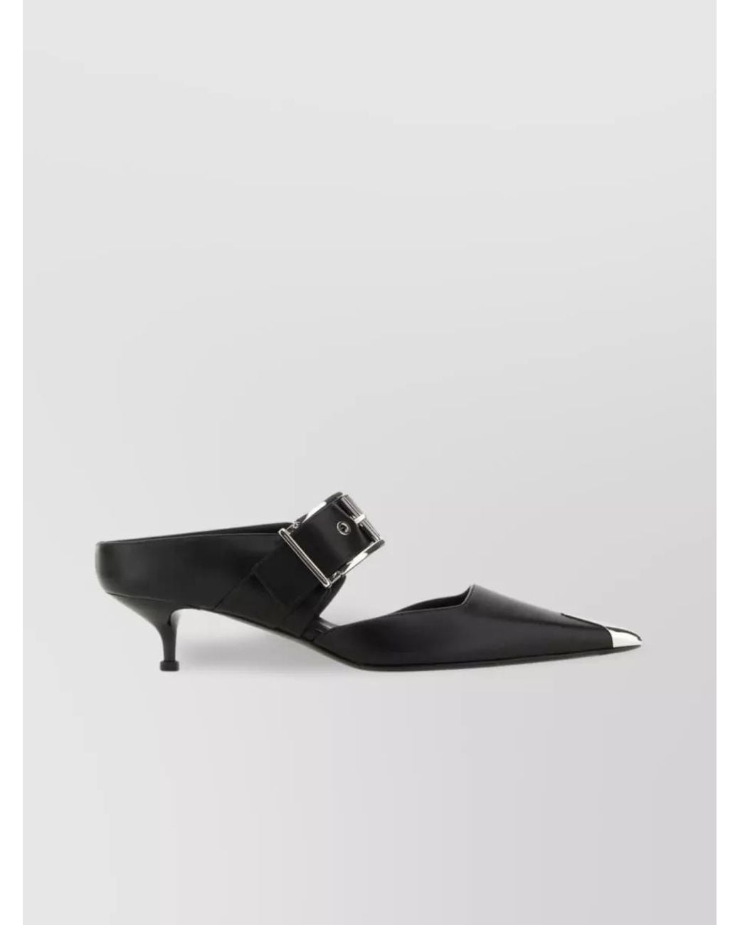 McQueen Black Leather Buckled Mules