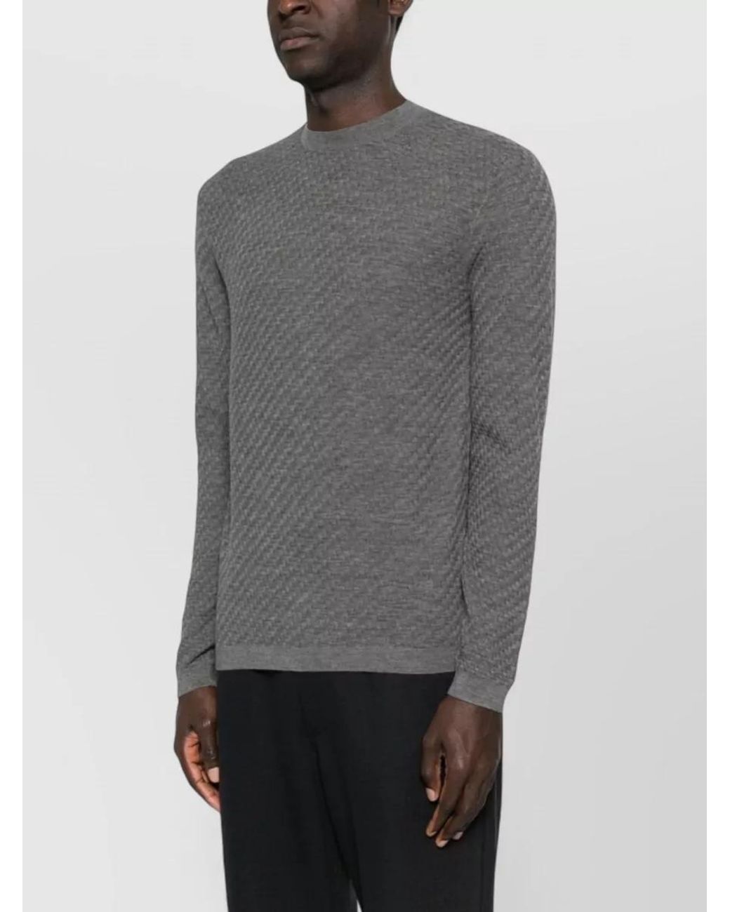 Emporio Armani Gray Virgin Wool Textured-Knit Crewneck Sweater for men