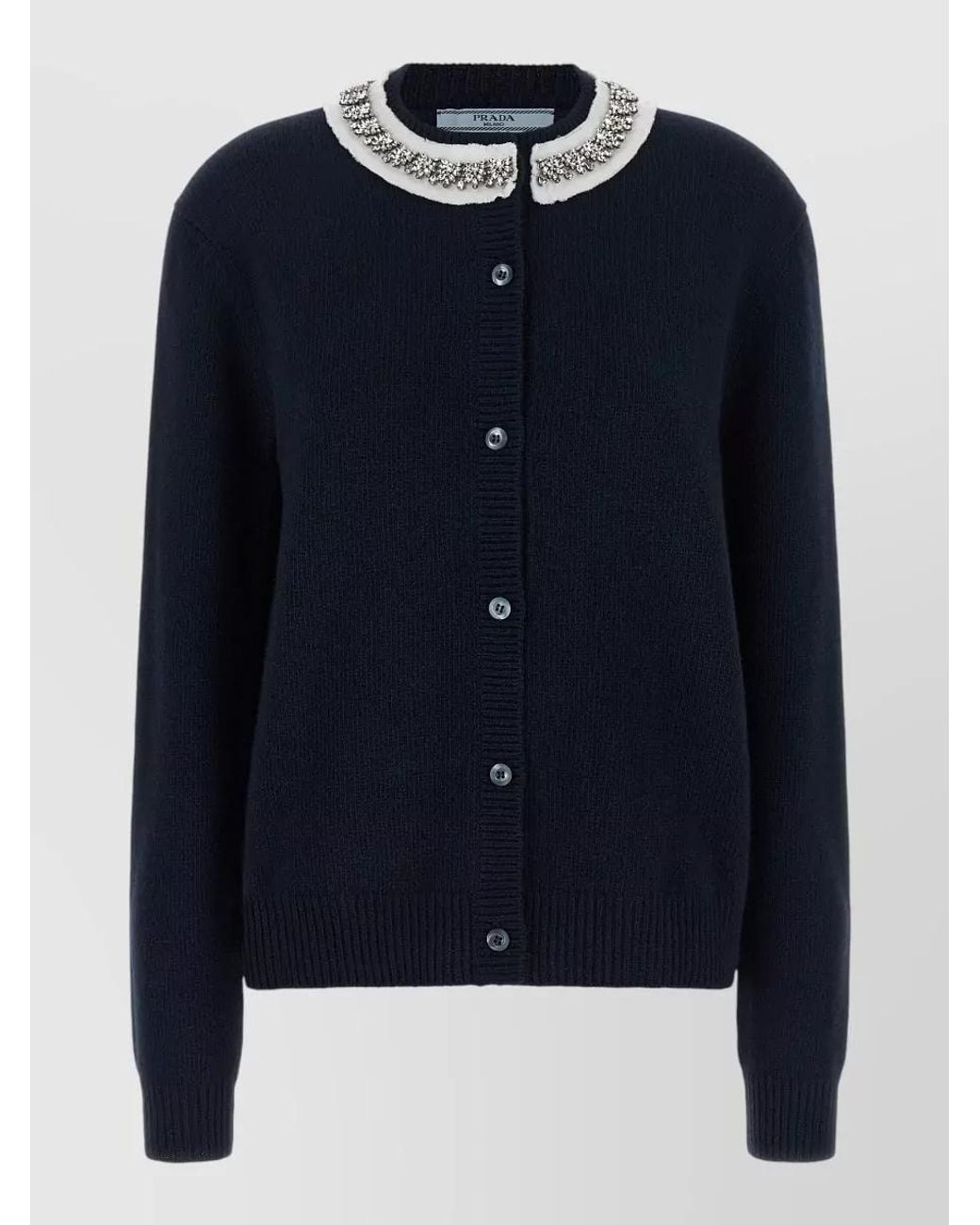 Prada Blue Cashmere Blend Crystal Embellished Collar Cardigan