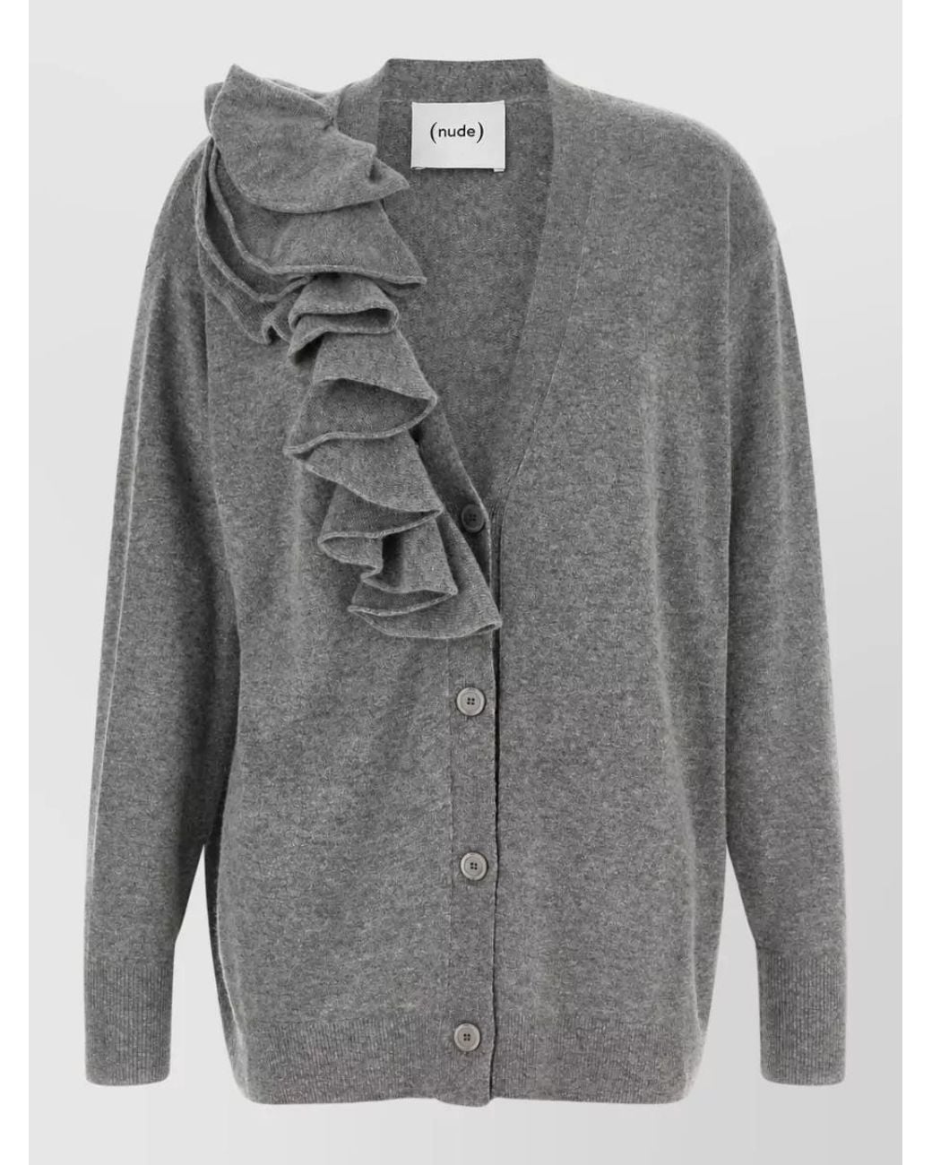 Nude Gray Cashmere-Blend Oversized Ribbed V-Neck Ruffle Cardigan