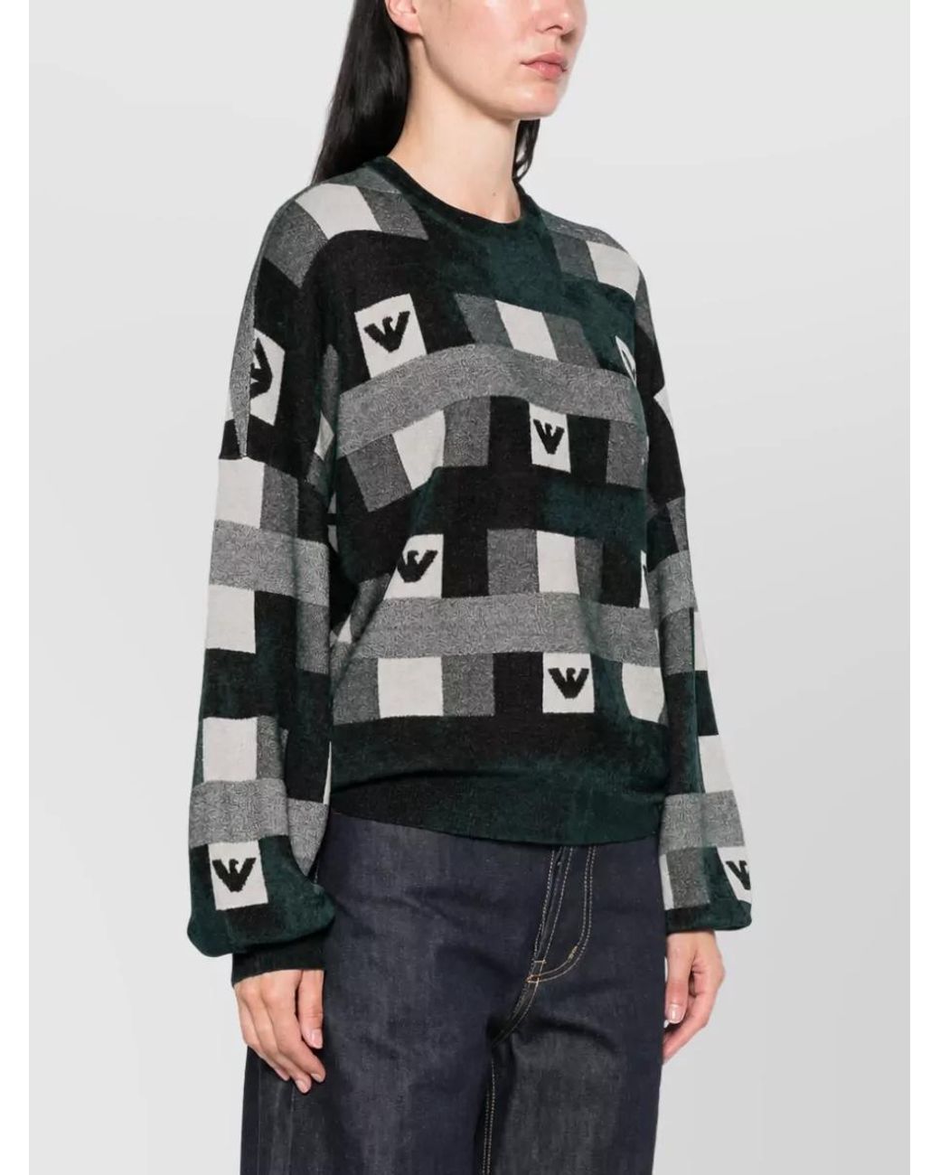 Emporio Armani Black Checked Logo-Intarsia Crew-Neck Sweater