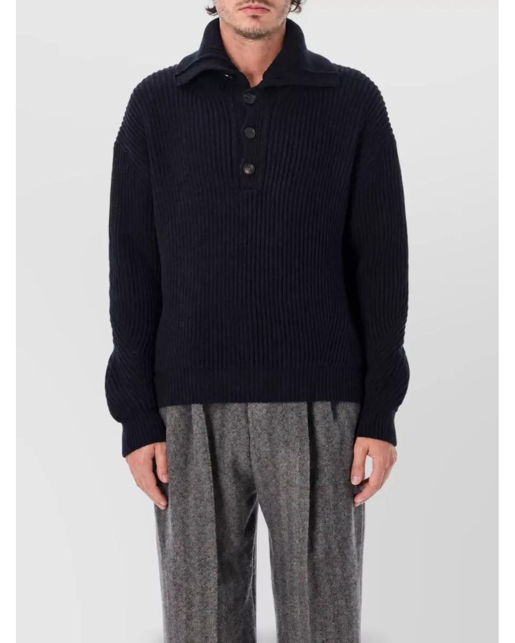 Dries Van Noten Blue Wool Ribbed Relaxed-Fit Polo Sweater for men