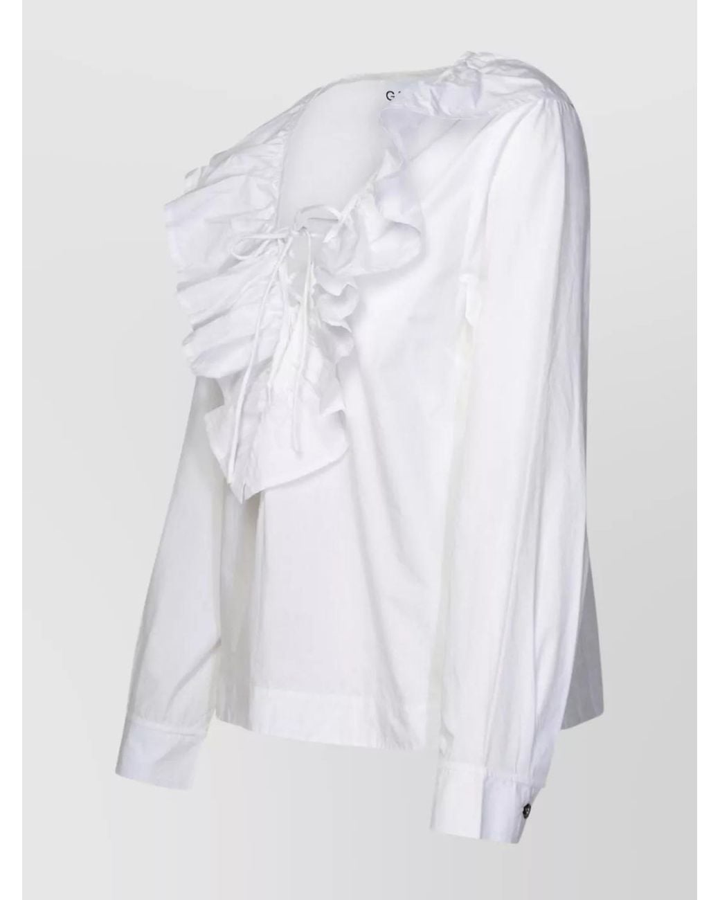 Ganni White Cotton Ruffled V-Neck Blouse