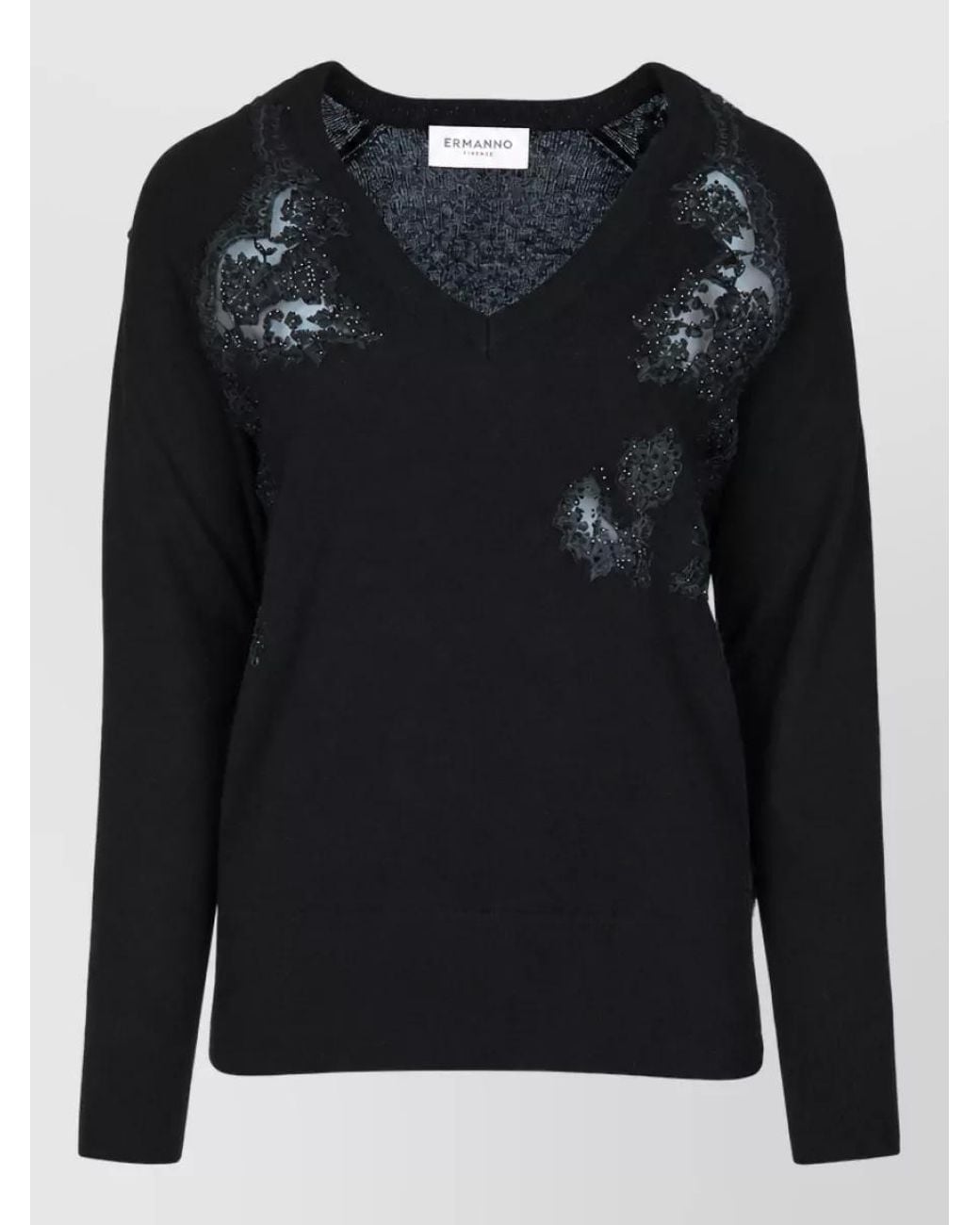 ERMANNO FIRENZE Black Lace V-Neck Sweatshirt