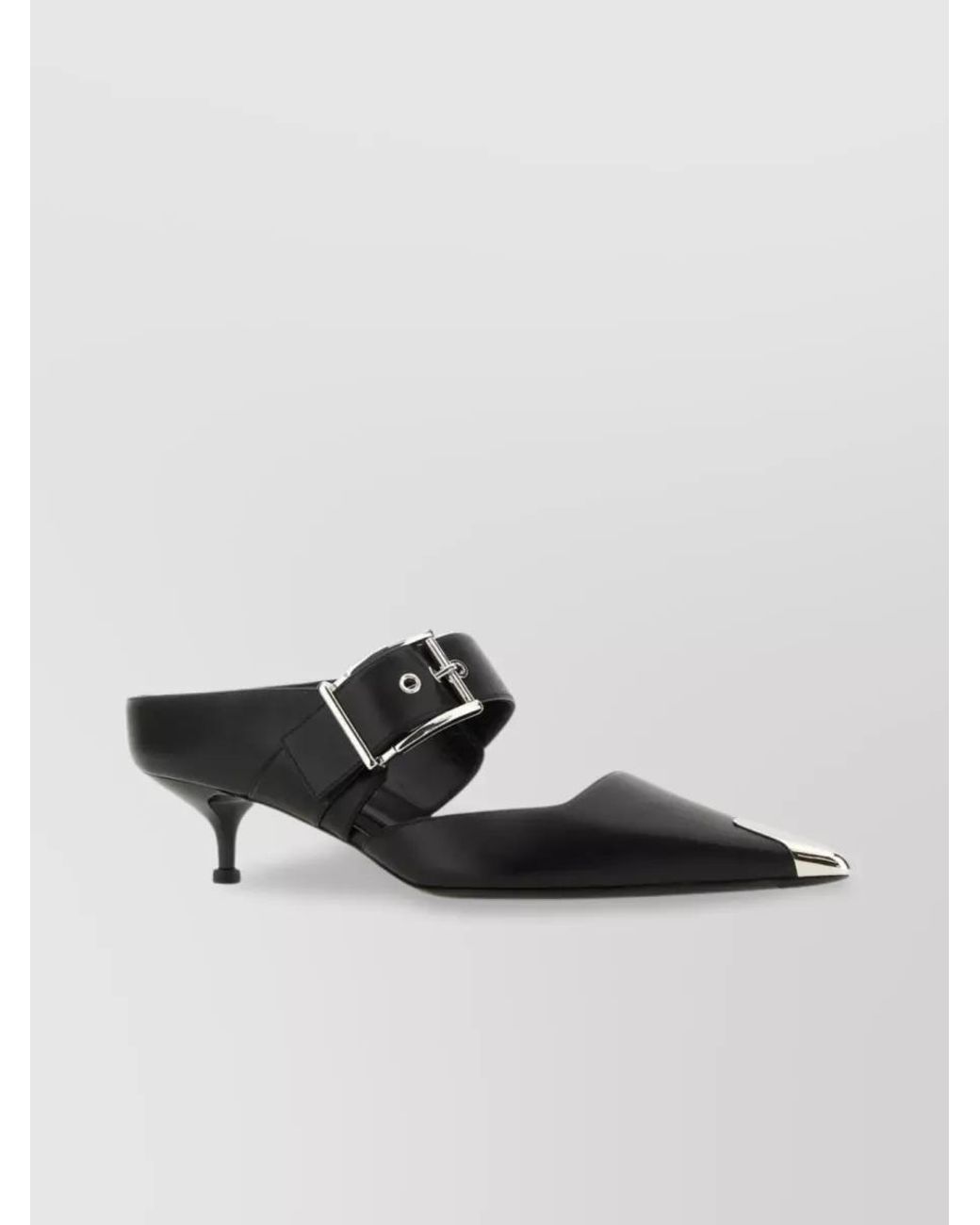 McQueen Black Leather Buckled Mules