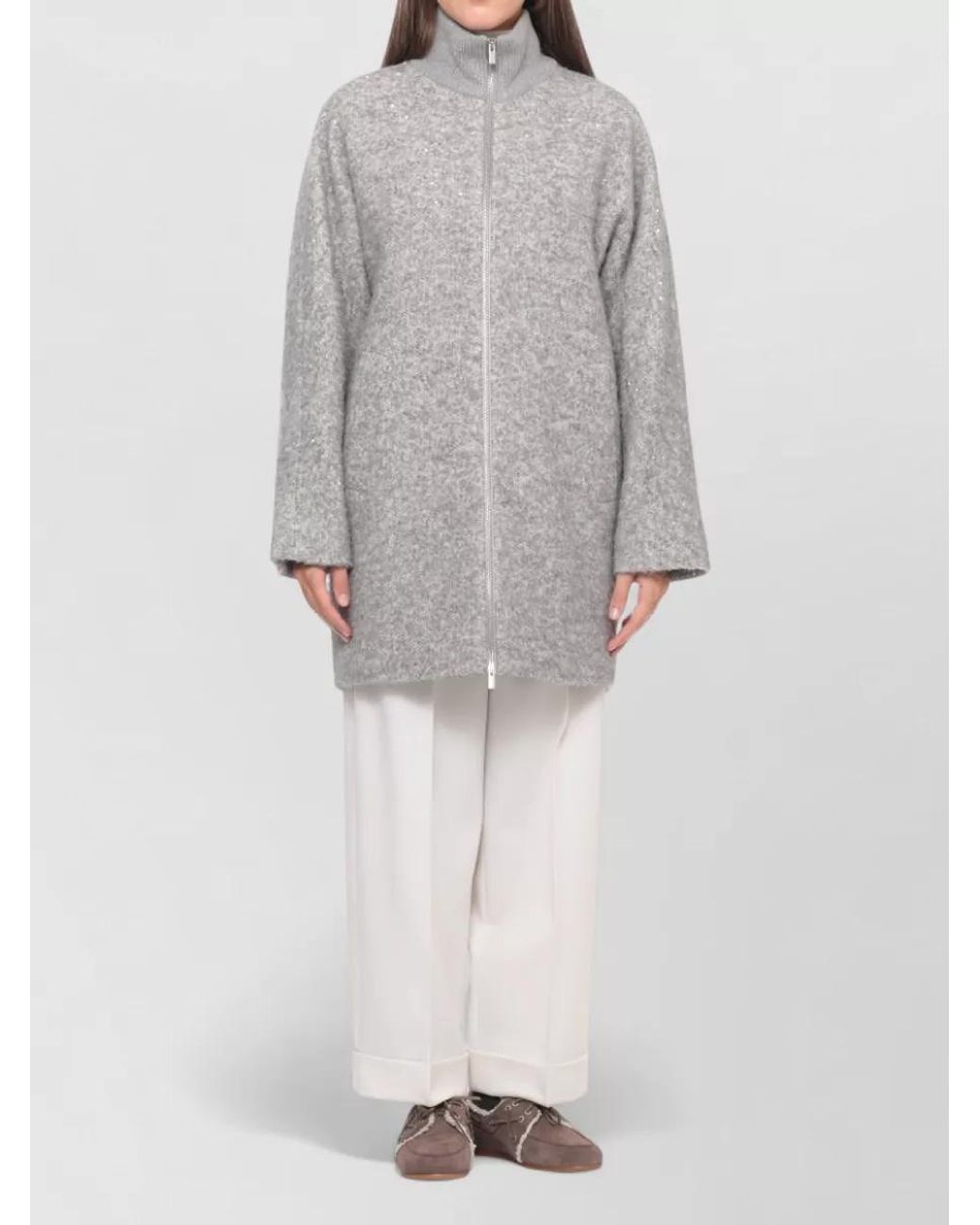 Peserico Gray Ribbed Collar Sequin Coat