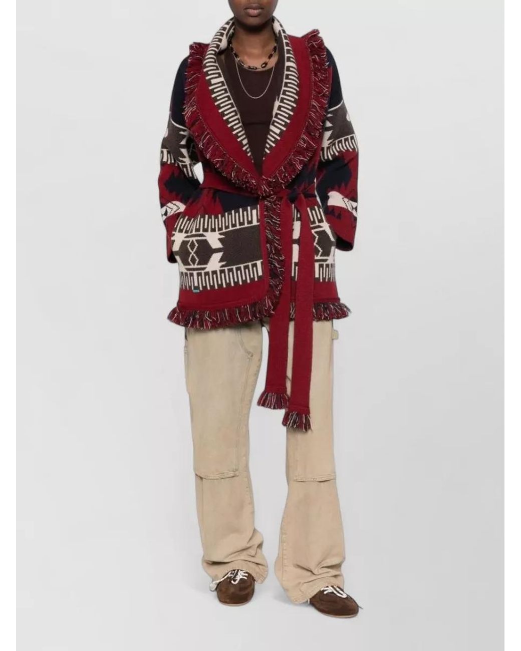 Alanui Red Cashmere Jacquard Fringe Belted Cardigan