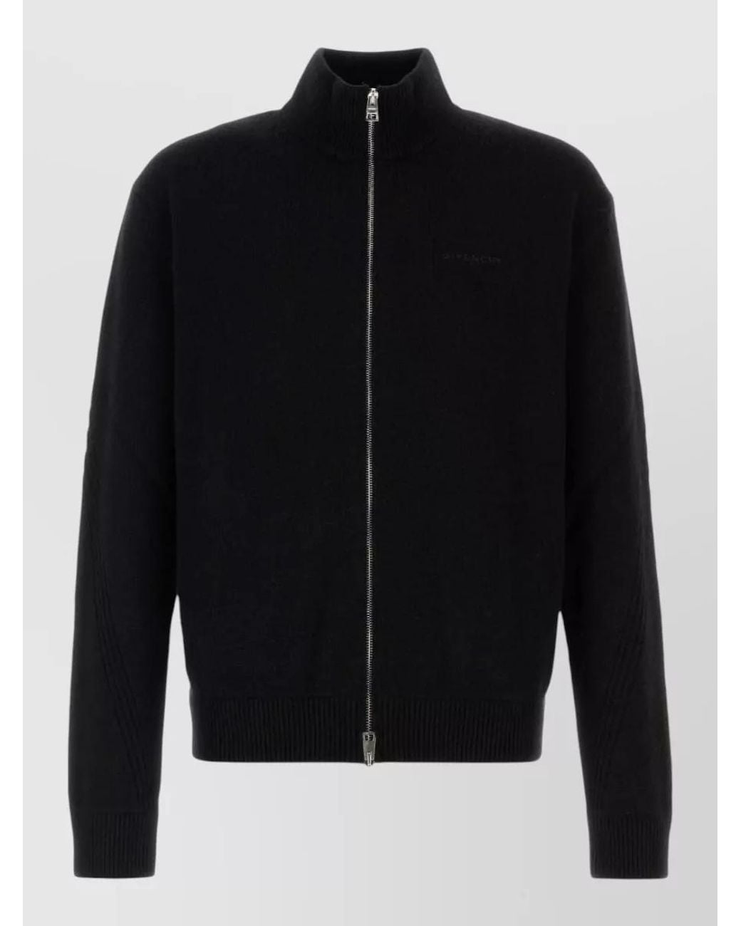 Givenchy Black Cashmere Wool High Collar Zip Ribbed Cardigan for men
