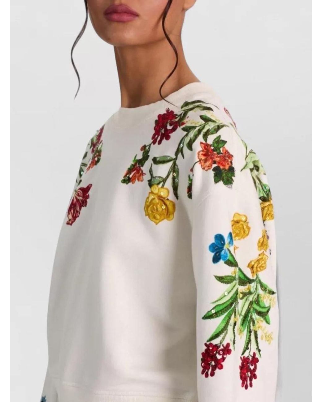 Alice + Olivia Multicolor Embroidered Cotton Sequin-Embellished Crew-Neck Long-Sleeve Sweatshirt