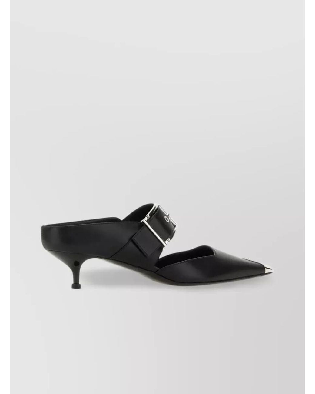 McQueen Black Leather Buckled Mules