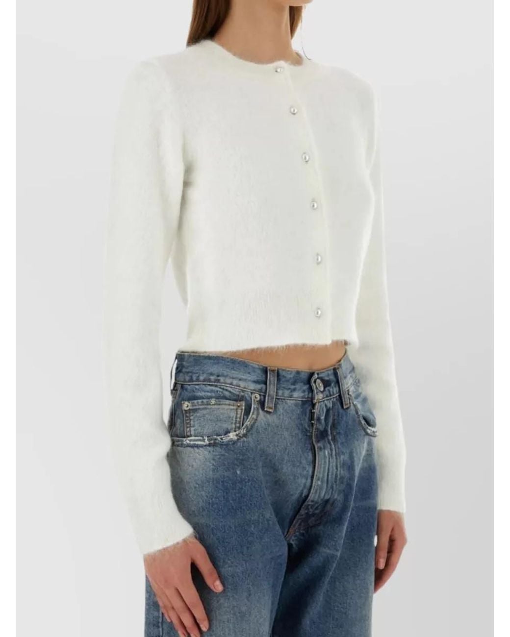 Maison Margiela White Angora Crewneck Cropped Cardigan