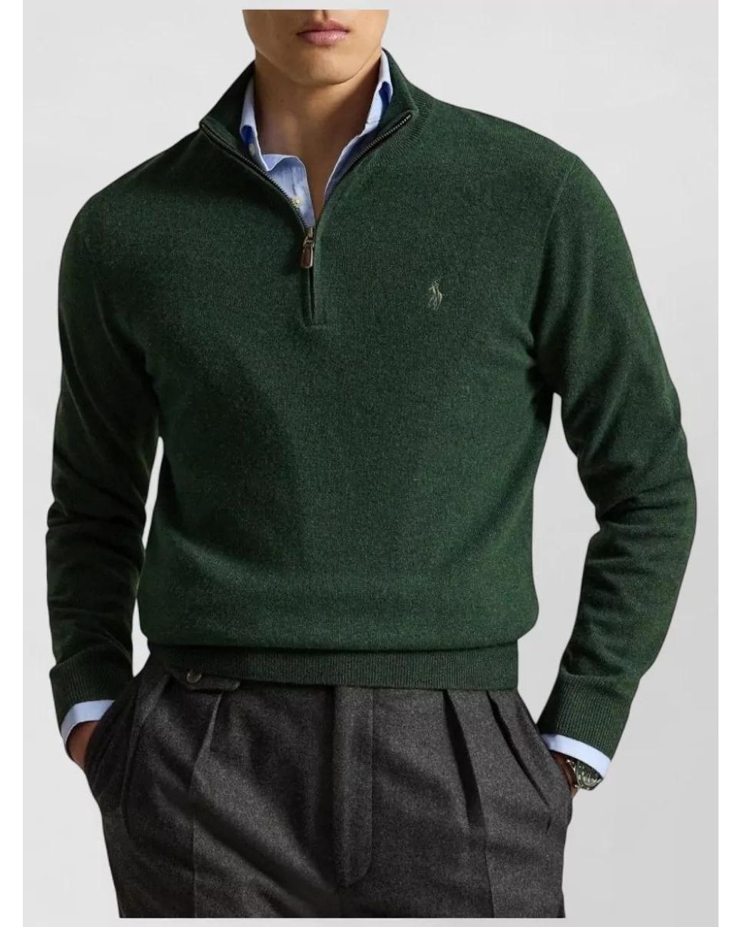 Polo Ralph Lauren Green Wool Ribbed Mock Neck Quarter Zip Sweater for men