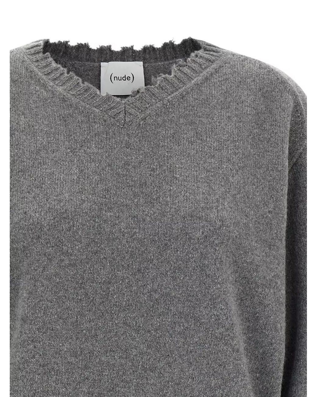 Nude Gray Cashmere V-Neck Frayed-Hem Sweater