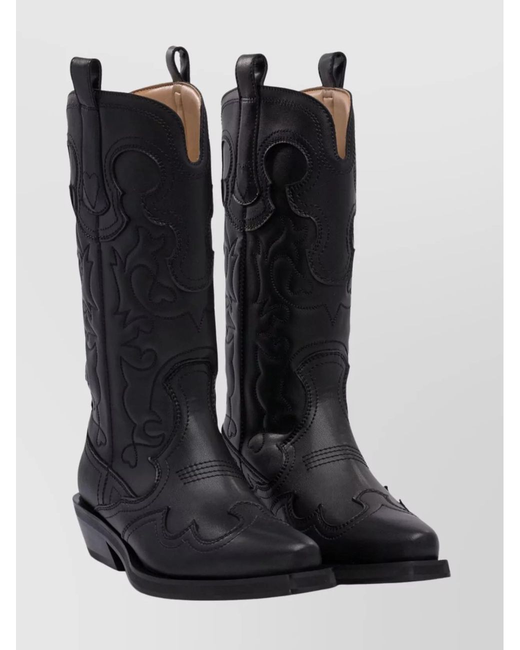 Ganni Black Embroidered Western Mid-Calf Boots