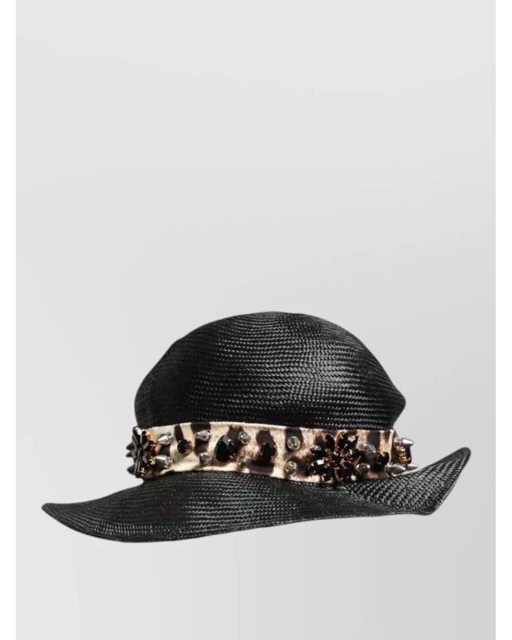 Dolce & Gabbana Black Crystal Embellished Wide Brim Straw Fedora Hat
