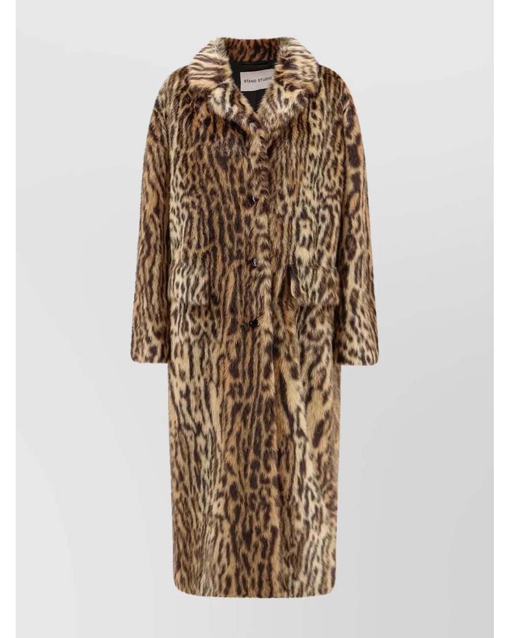 Stand Studio Natural Animal Print Long Coat With Faux Fur