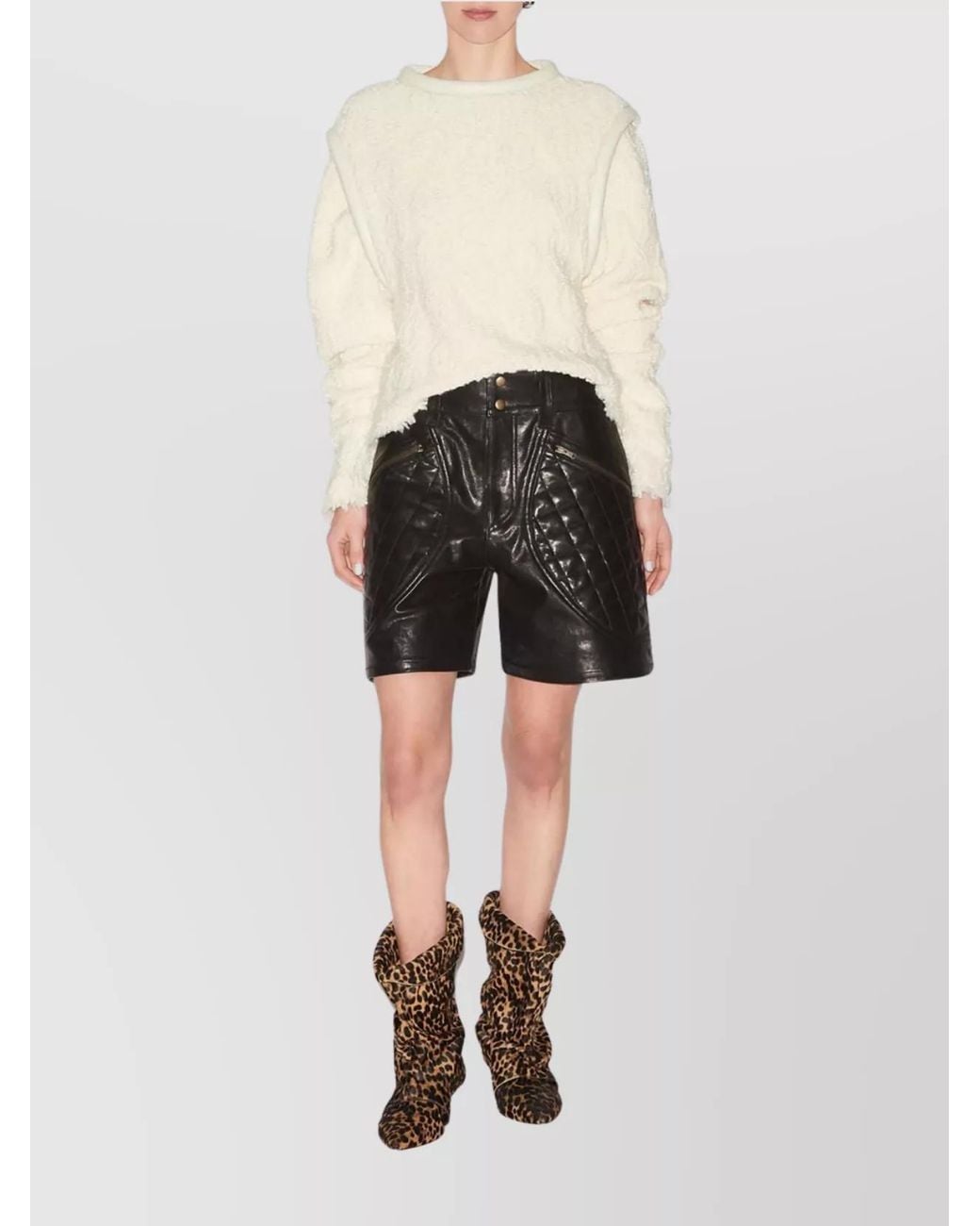 Isabel Marant Gray Leather Diamond-Quilted Thigh-Length Straight-Leg Shorts