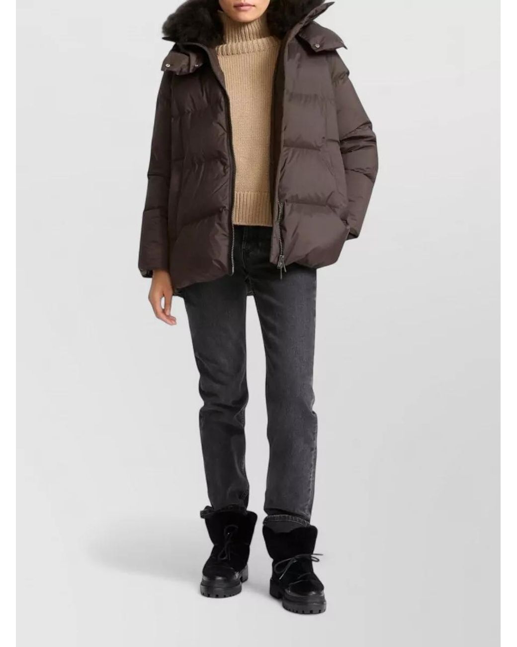 Yves Salomon Brown Down A-Line Hooded Coat With Shearling Collar