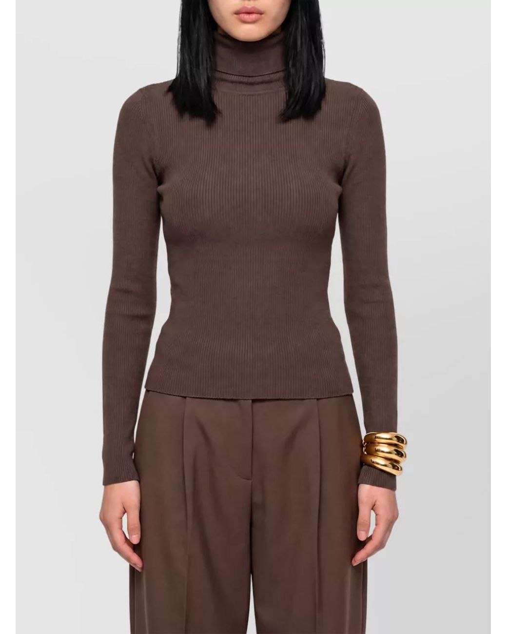 Max Mara Brown Virgin Wool Fine-Knit Fitted Turtleneck Sweater