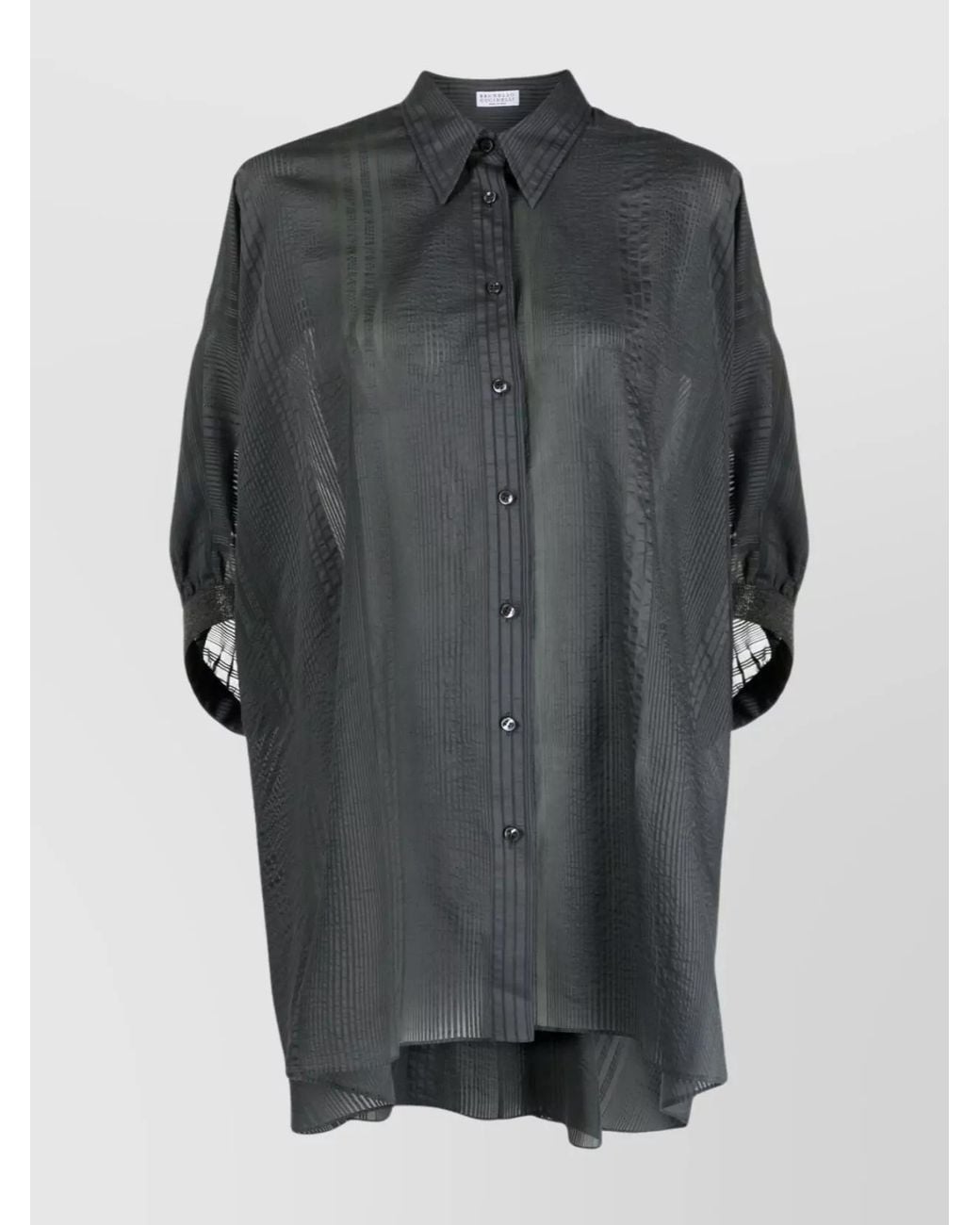 Brunello Cucinelli Gray Striped Draped Silk Cotton Shirt
