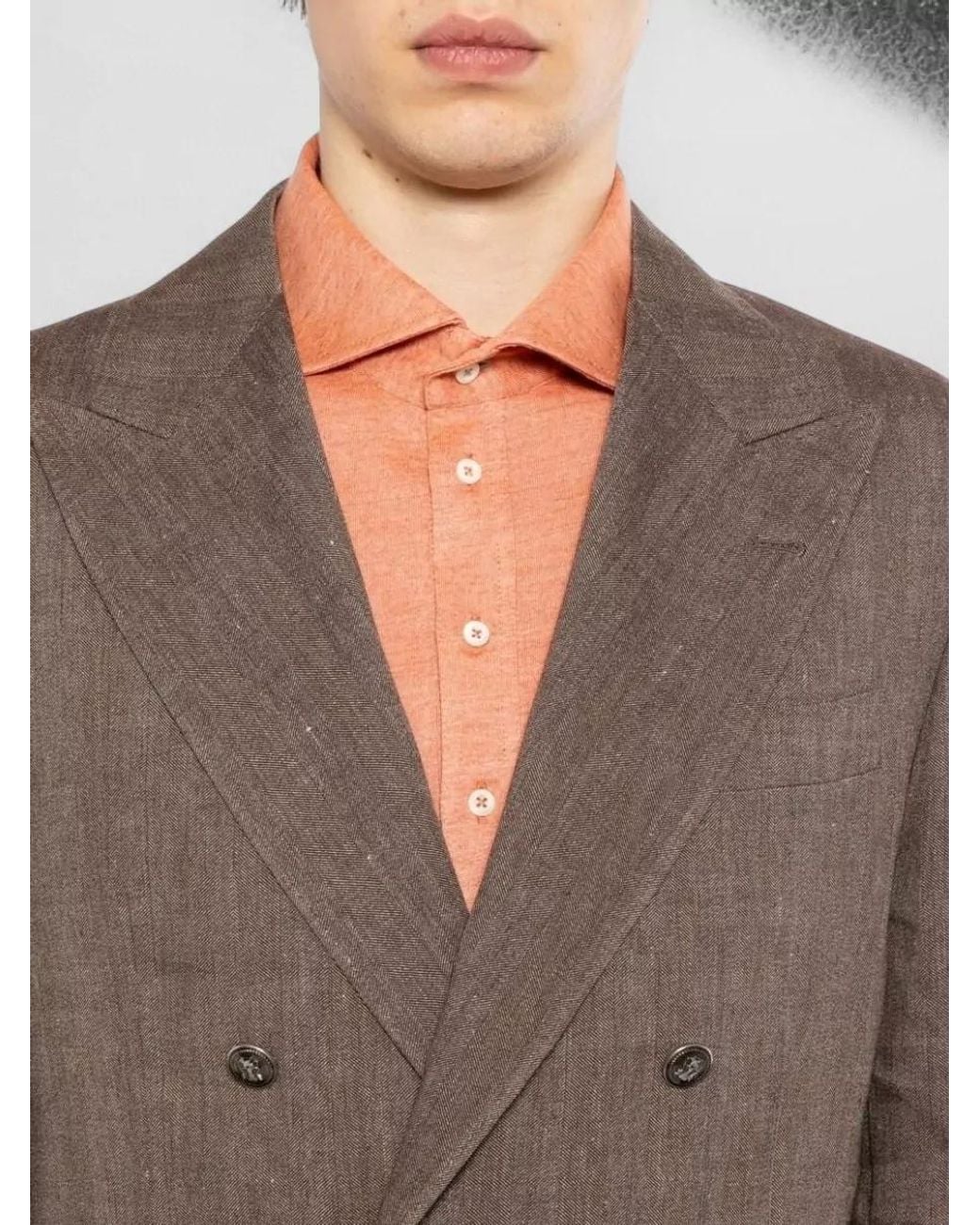 Brunello Cucinelli Brown Linen Virgin Wool Double Breasted Coat for men