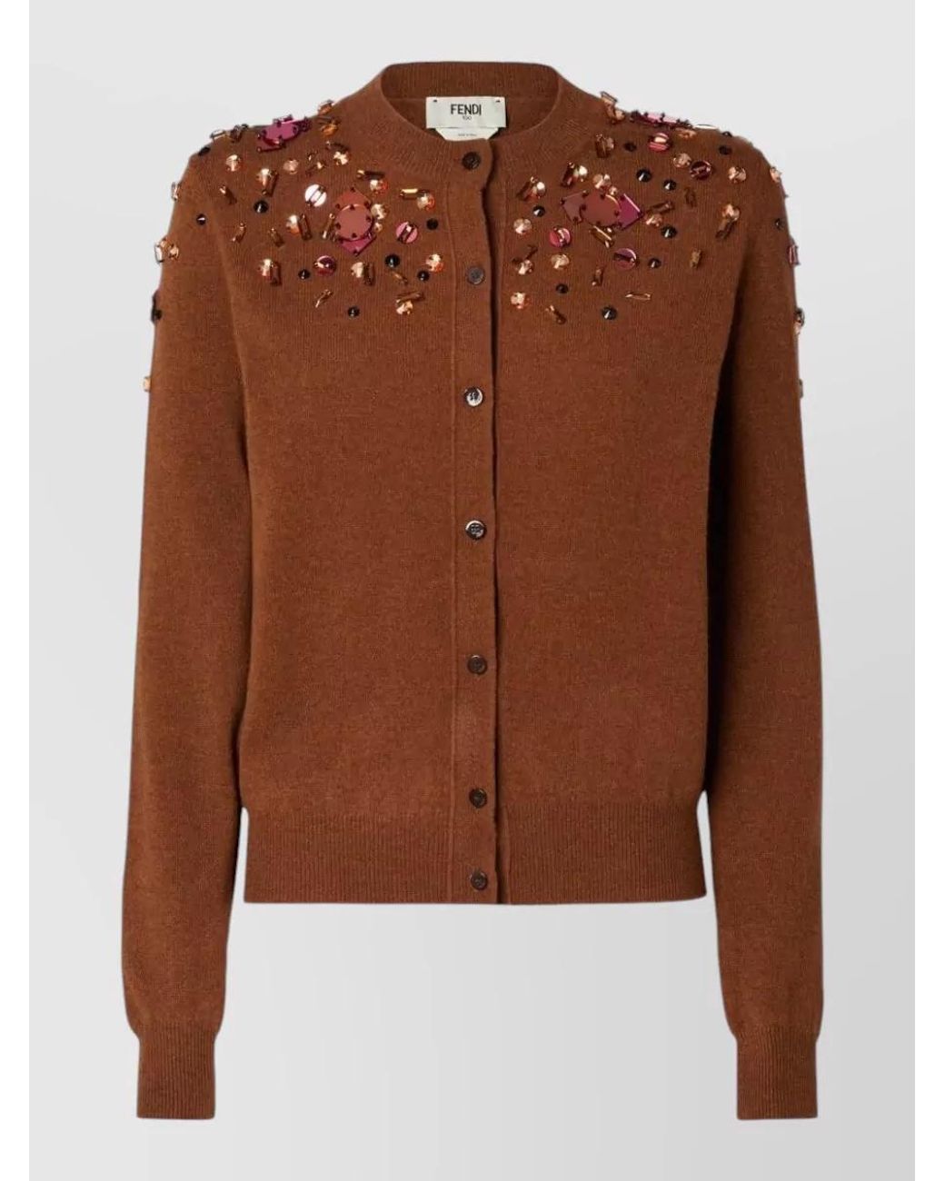 Fendi Brown Cashmere Wool Rhinestone-Embellished Ribbed Crewneck Cardigan